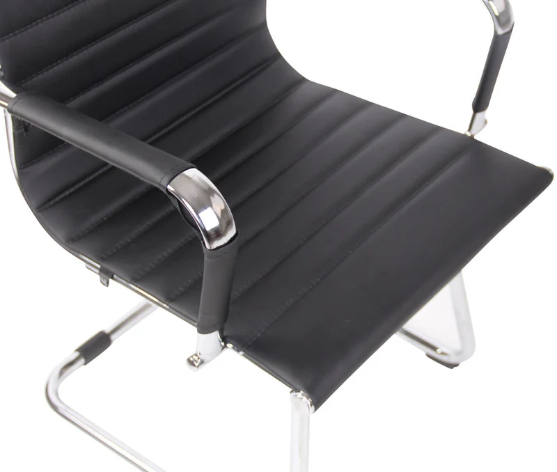 Chaise de bureau fauteuil sans roulettes piétement luge en métal chromé assise en PVC noir 10_0003258