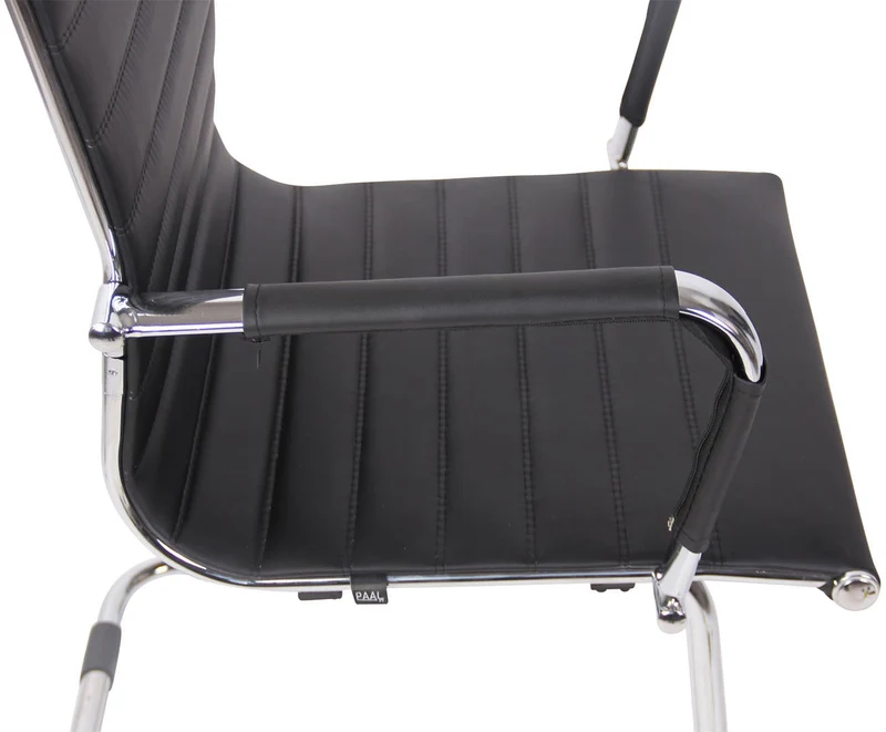 Chaise de bureau fauteuil sans roulettes piétement luge en métal chromé assise en PVC noir 10_0003258
