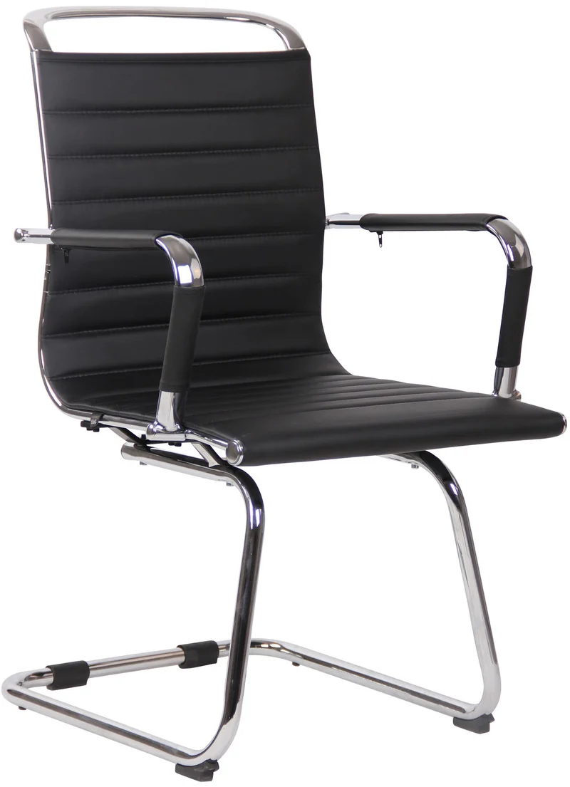 Chaises de bureau fauteuils sans roulettes x2 piétement luge en métal chromé assise en PVC noir 10_0003106