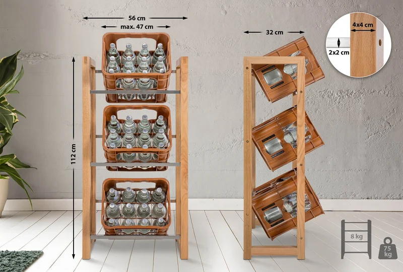 Étagère pour 3 caisses à boissons rangement support bouteilles 112x56 cm en bois chêne 10_0003148