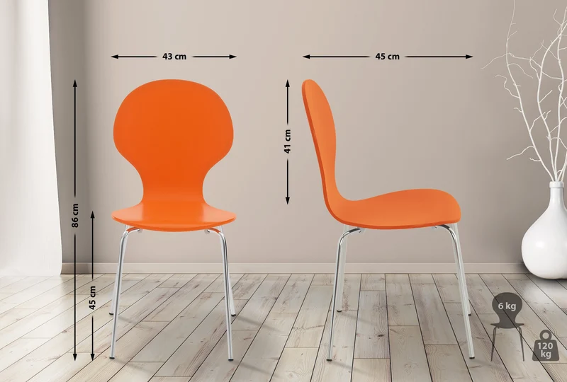 Chaise de cuisine salle à manger x1 empilable dossier arrondi en bois orange et métal chromé 10_0003345