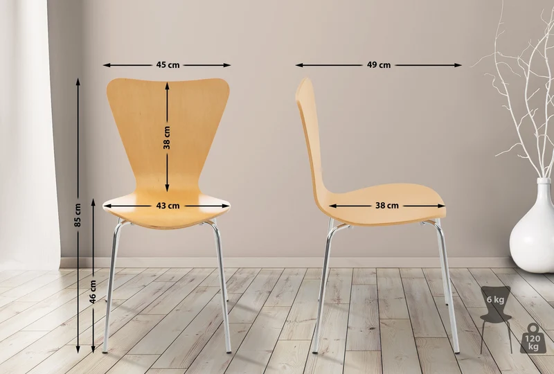 Chaise de cuisine salle à manger x1 empilable dossier triangle en bois clair et métal chromé 10_0003327