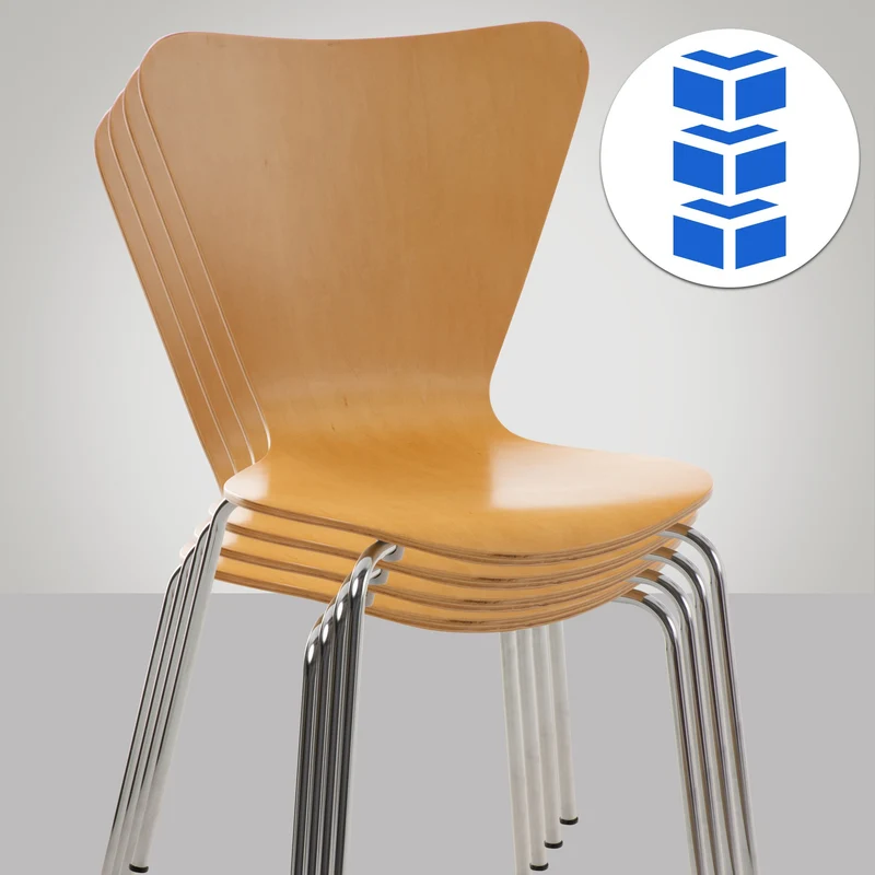 Chaise de cuisine salle à manger x1 empilable dossier triangle en bois clair et métal chromé 10_0003327