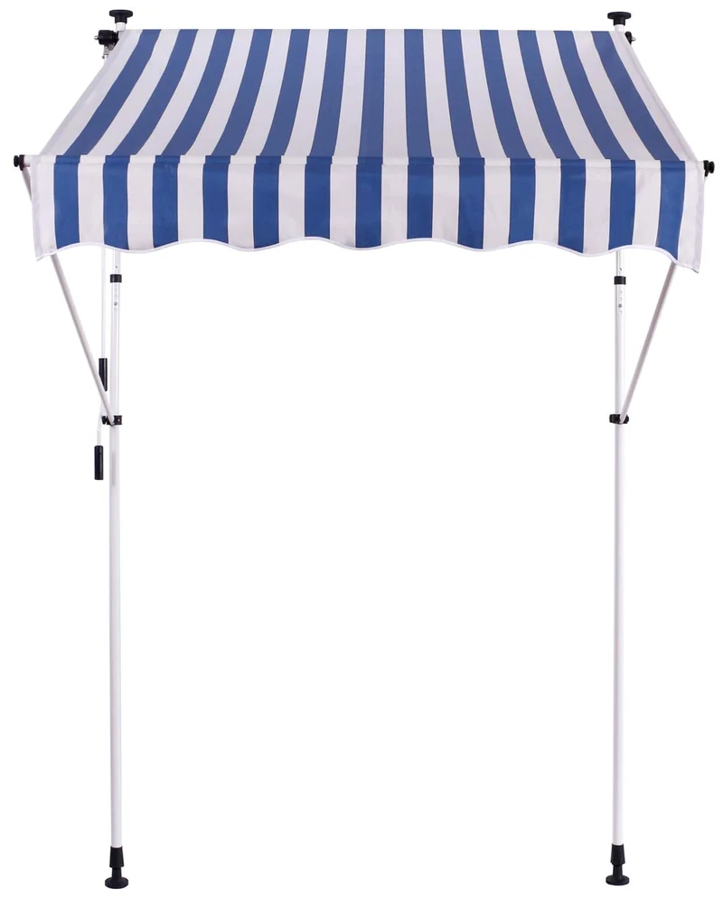 Store banne terrasse auvent à pince avec pied réglable installation sans perçage largeur 350 cm tube en acier tissu blanc / bleu 10_0002973