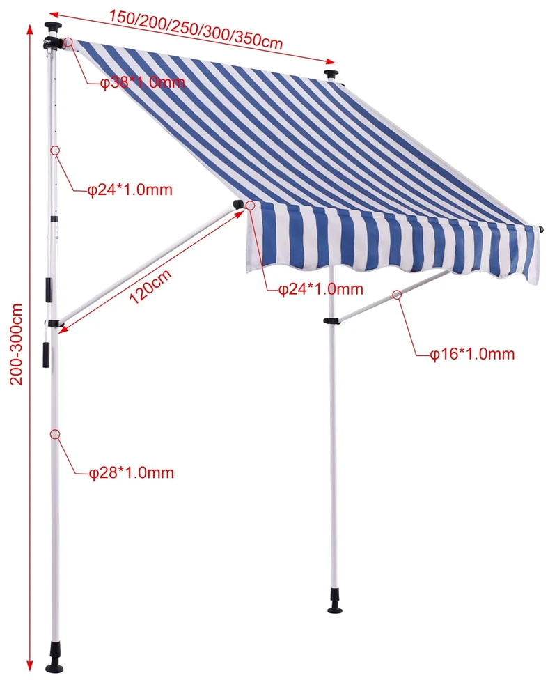 Store banne terrasse auvent à pince avec pied réglable installation sans perçage largeur 350 cm tube en acier tissu blanc / bleu 10_0002973