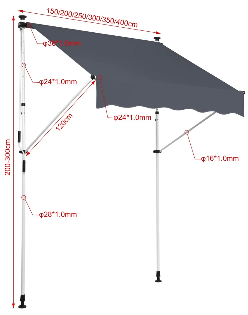 Store banne terrasse auvent à pince avec pied réglable installation sans perçage largeur 350 cm tube en acier tissu anthracite 10_0002971