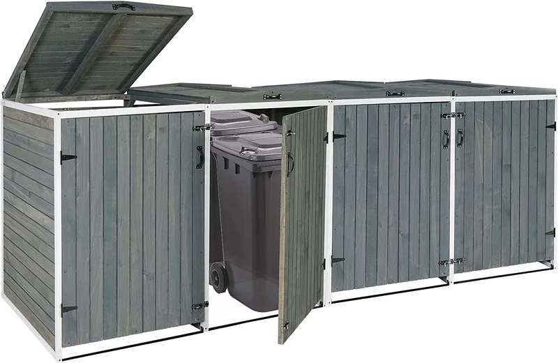 Abris de poubelles extérieur conteneurs à ordures jusqu'à 8 bacs avec couvercle 126x316x98 cm bois certifié FSC gris-blanc 04_0002871
