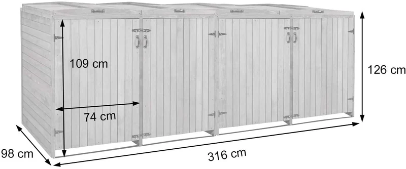 Abris de poubelles extérieur conteneurs à ordures jusqu'à 8 bacs avec couvercle 126x316x98 cm bois certifié FSC gris-blanc 04_0002871