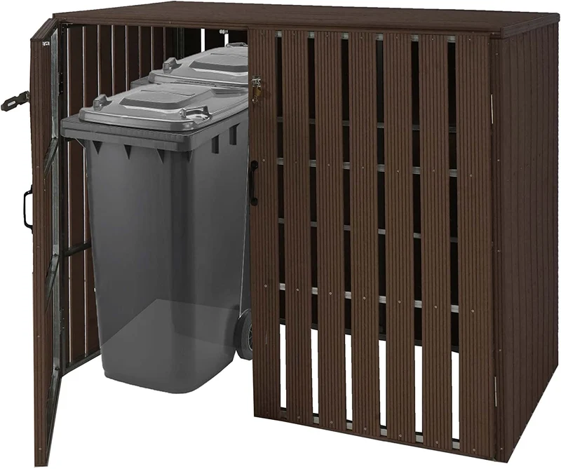 Abri de poubelles extérieur conteneurs à ordures jusqu'à 4 bacs 115x140x100 cm en métal aspect bois marron 04_0005614