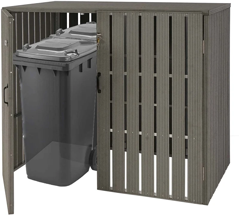 Abri de poubelles extérieur conteneurs à ordures jusqu'à 4 bacs 115x140x100 cm en métal aspect bois extensible gris 04_0005609