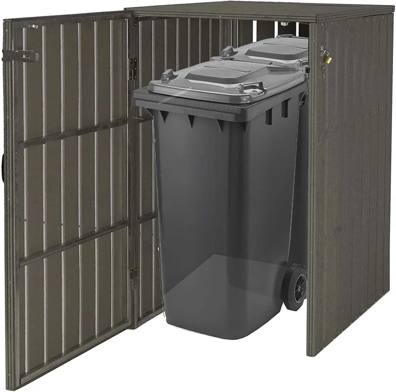 Abri de poubelles extérieur conteneurs à ordures avec couvercle jusqu'à 2 bacs 117x80x105 cm aspect bois métallique extensible gris 04_0005597