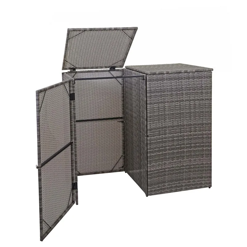 Abri de poubelles extérieur conteneurs à ordures jusqu'à 2 bacs avec couvercle en poly rotin gris 2x120 litres 04_0003646