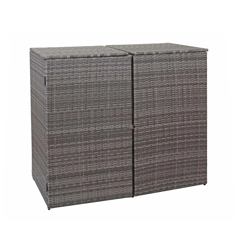Abri de poubelles extérieur conteneurs à ordures jusqu'à 2 bacs avec couvercle en poly rotin gris 2x120 litres 04_0003646