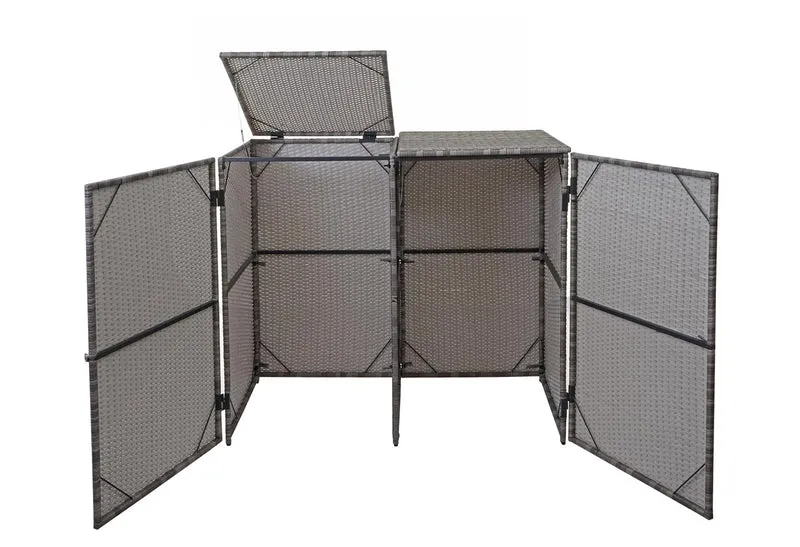 Abri de poubelles extérieur conteneurs à ordures jusqu'à 2 bacs avec couvercle en poly rotin gris 2x120 litres 04_0003646