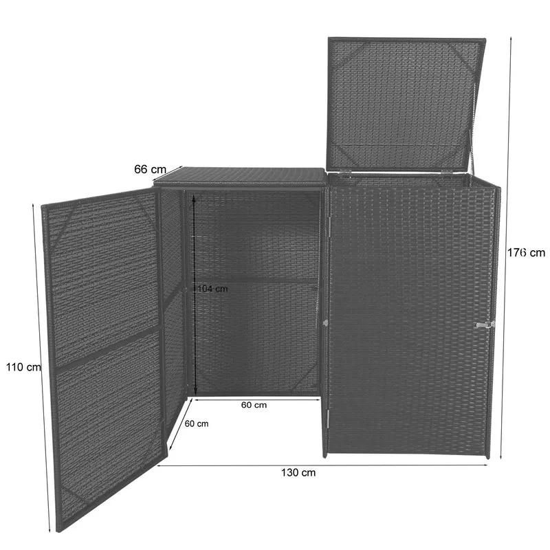 Abri de poubelles extérieur conteneurs à ordures jusqu'à 2 bacs avec couvercle en poly rotin gris 2x120 litres 04_0003646