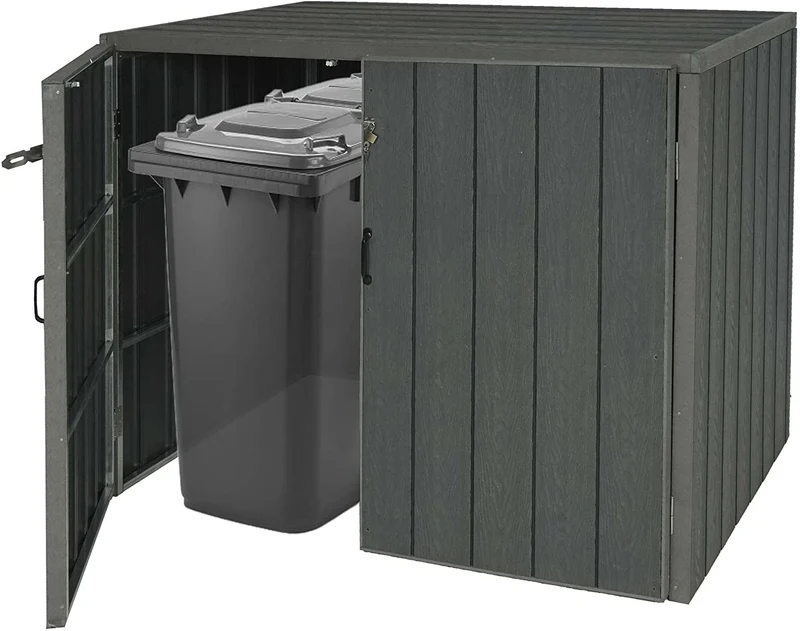 Abri de poubelles extérieur conteneurs à ordures jusqu'à 4 bacs 117x142x102 cm aspect bois métal extensible gris 04_0005606