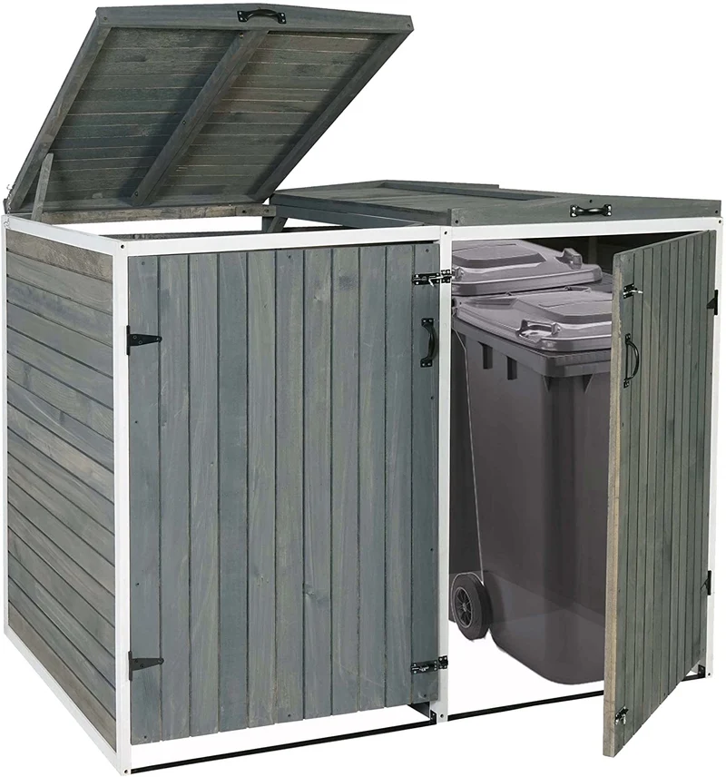 Abri de poubelles extérieur conteneurs à ordures avec couvercle jusqu'à 4 bacs 126x158x98 cm en bois certifié FSC gris-blanc 04_0002867