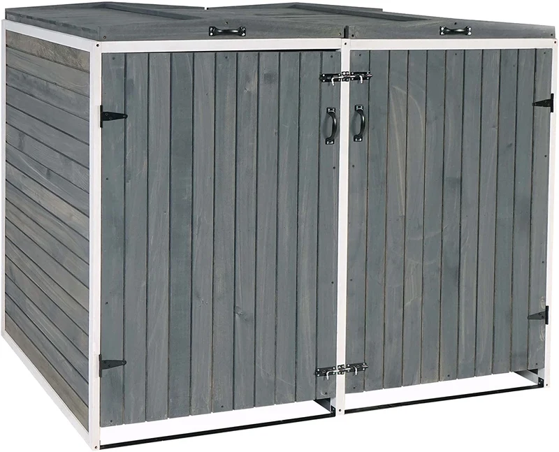 Abri de poubelles extérieur conteneurs à ordures avec couvercle jusqu'à 4 bacs 126x158x98 cm en bois certifié FSC gris-blanc 04_0002867