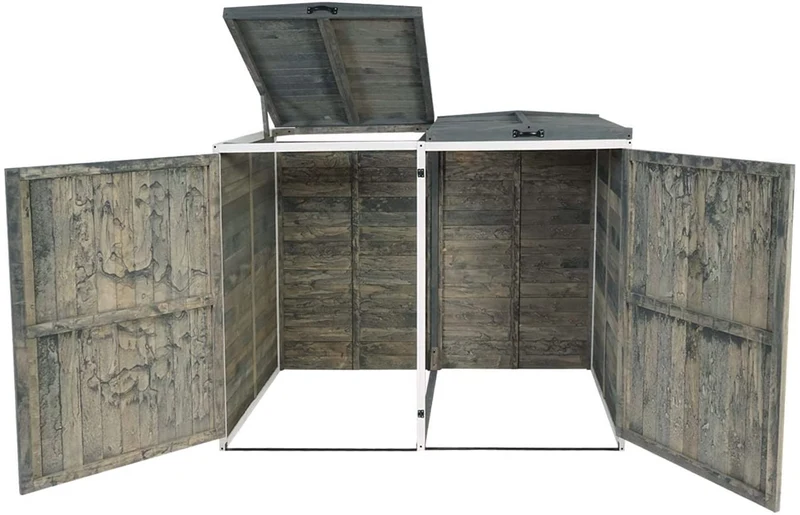 Abri de poubelles extérieur conteneurs à ordures avec couvercle jusqu'à 4 bacs 126x158x98 cm en bois certifié FSC gris-blanc 04_0002867