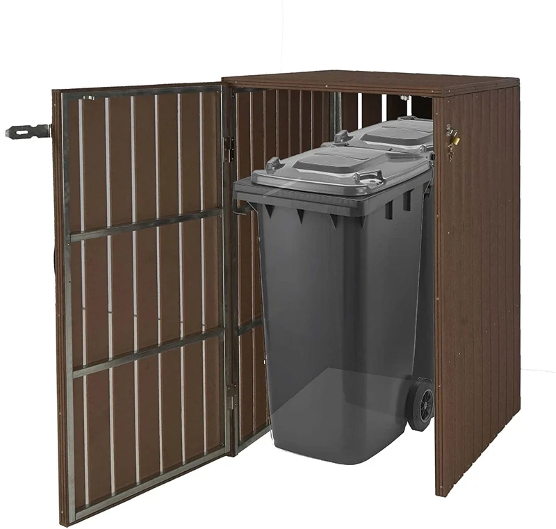 Abri de poubelles extérieur conteneurs à ordures jusqu'à 2 bacs métal aspect bois marron 115x77x97 cm 04_0002862