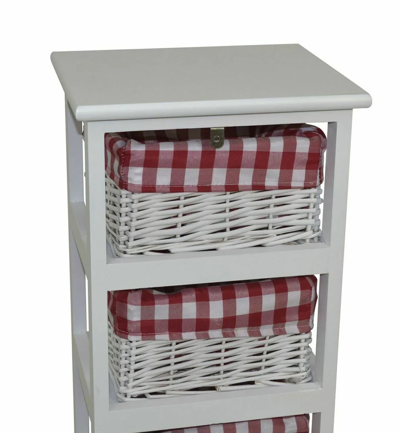 Étagère sur pied 3 étagères style vintage en bois massif blanc avec 3 paniers de rangement en osier MED05143