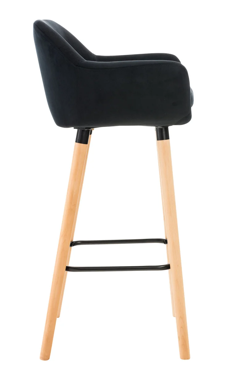 Lot de 2 tabourets de bar en velours noir pieds en bois avec repose-pieds et accoudoirs style rétro moderne 10_0000321