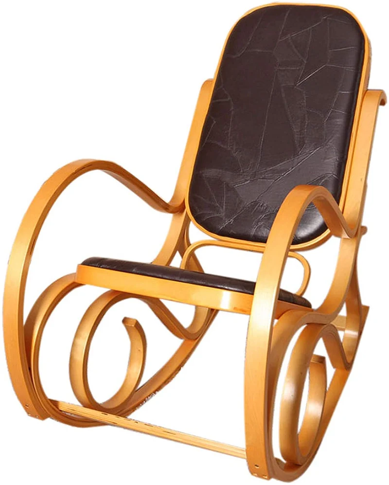 Fauteuil à bascule rocking chair en bois clair assise en cuir marron FAB040008