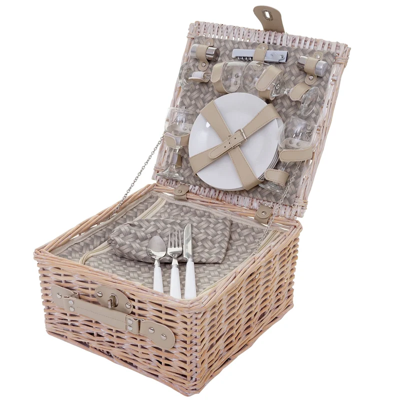 Panier pique-nique pour 4 personnes sac pique-nique + glacière verre porcelaine inox beige DIV04032