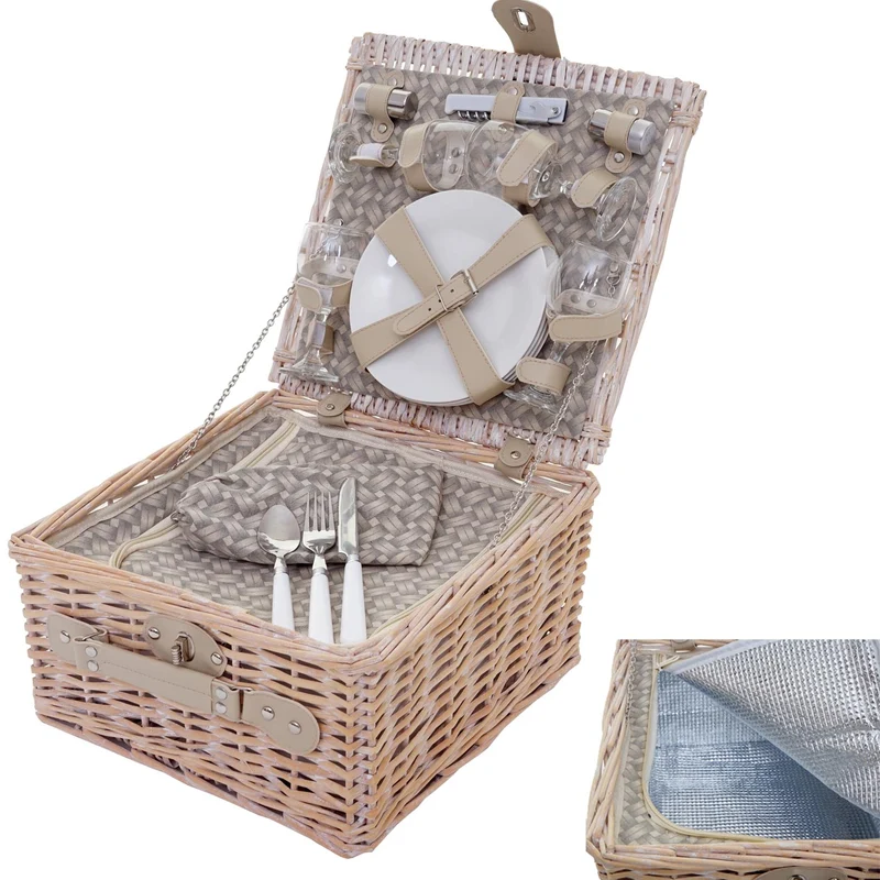 Panier pique-nique pour 4 personnes sac pique-nique + glacière verre porcelaine inox beige DIV04032