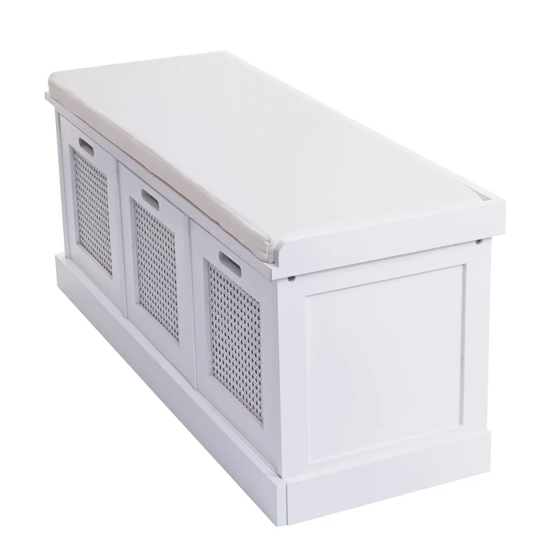 Banc banquette en bois de paulownia blanc et MDF avec coussin blanc boites de rangement 47x110x40cm BAN04052