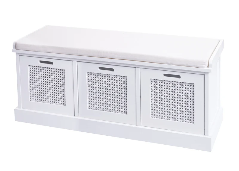 Banc banquette en bois de paulownia blanc et MDF avec coussin blanc boites de rangement 47x110x40cm BAN04052