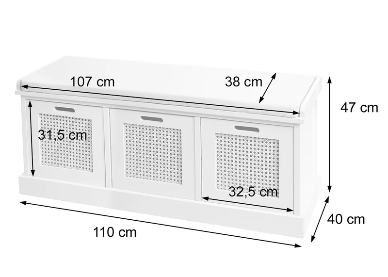 Banc banquette en bois de paulownia blanc et MDF avec coussin blanc boites de rangement 47x110x40cm BAN04052