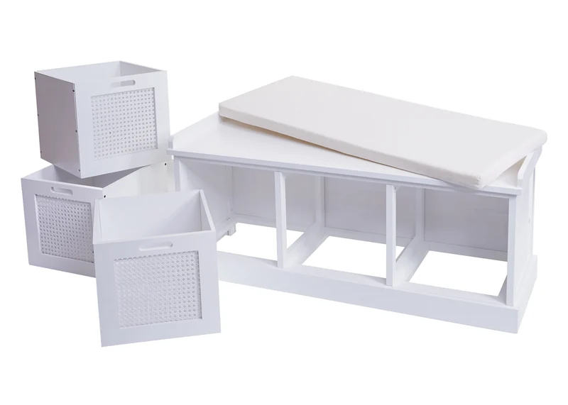 Banc banquette en bois de paulownia blanc et MDF avec coussin blanc boites de rangement 47x110x40cm BAN04052