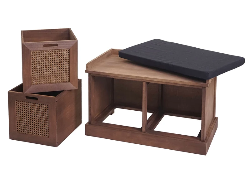 Banc banquette en bois de paulownia marron et MDF avec coussins noir boites de rangement 47x75x40cm BAN04051