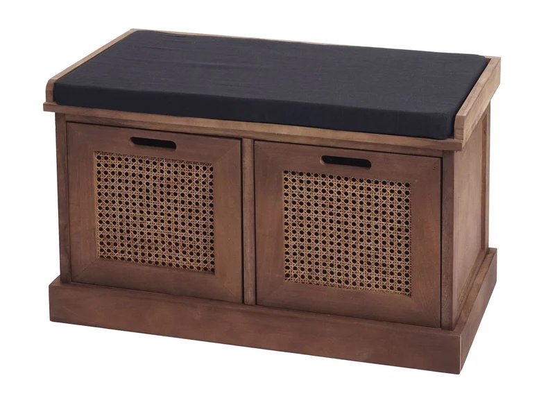 Banc banquette en bois de paulownia marron et MDF avec coussins noir boites de rangement 47x75x40cm BAN04051