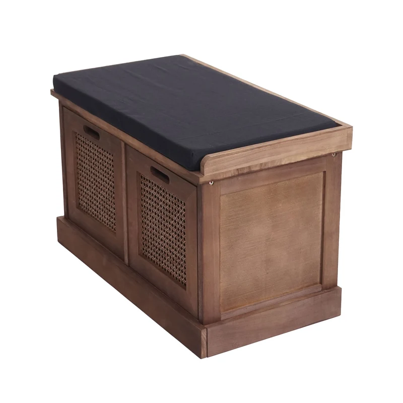 Banc banquette en bois de paulownia marron et MDF avec coussins noir boites de rangement 47x75x40cm BAN04051