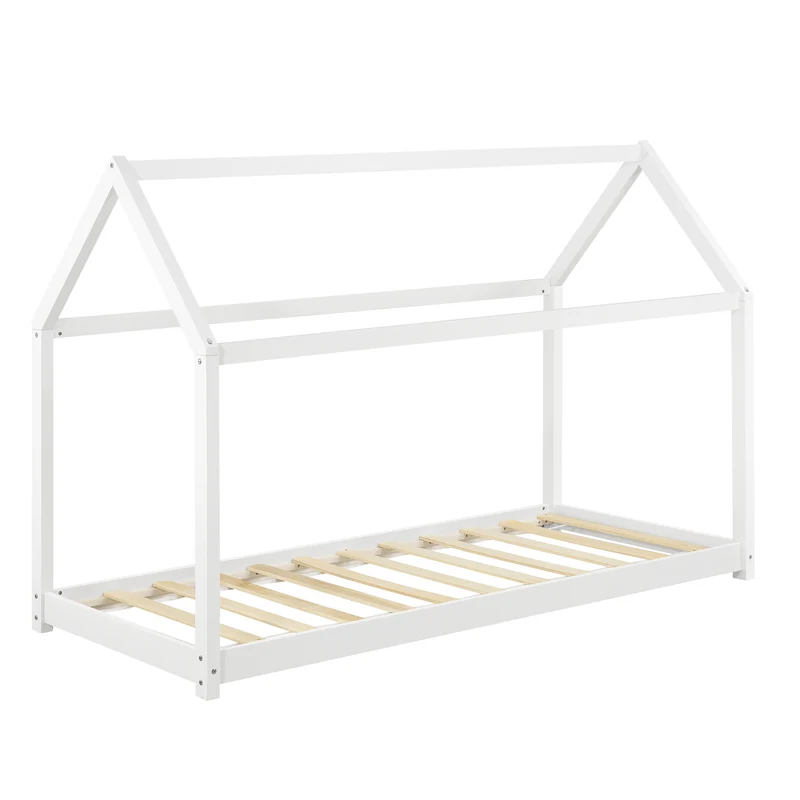 Lit pour enfant en forme de maison en bois de pin avec sommier à lattes 80x160 cm blanc 03_0005542