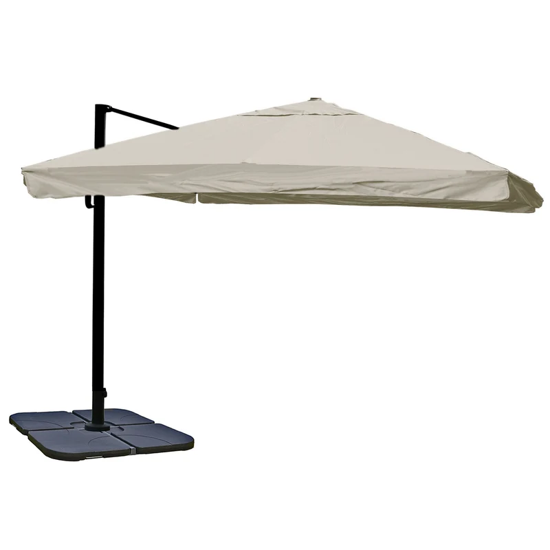 Parasol déporté 3,5x3,5 m diamètre 5 m orientable inclinable pivotant 360 avec pied base remplissable aluminium polyester crème gris 04_0007936