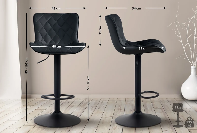 Tabouret de bar x1 coutures décoratives pied trompette hauteur réglable en métal noir assise en PVC noir 10_0004855