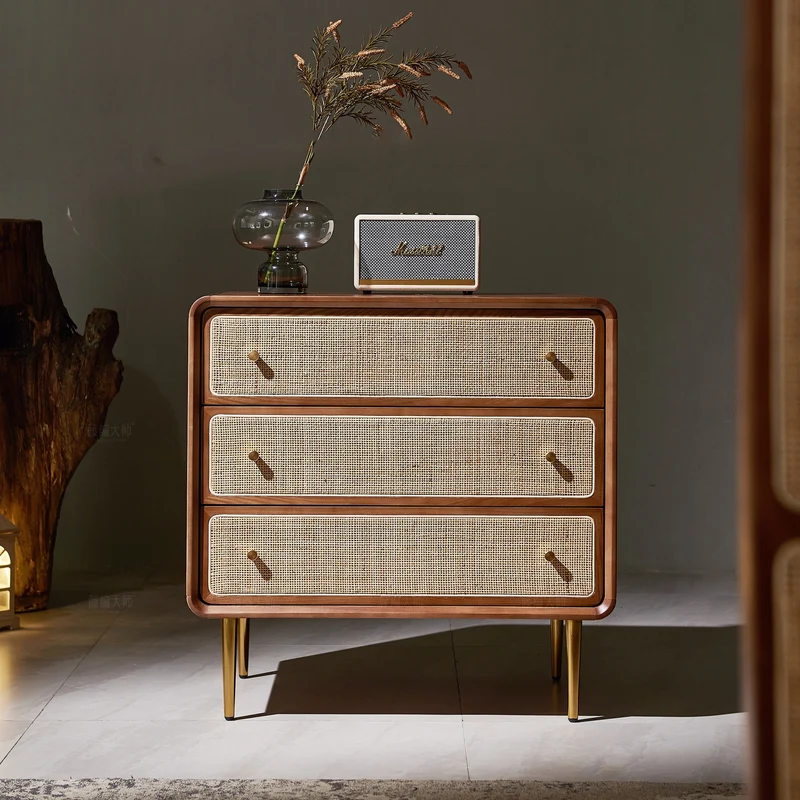 Contemporary Scandinavian Large Capacity Rectangular Ash Wood Solid Wood Multi-Layer Board Rattan Weaving Storage Cabinet 3-Drawer For Bedroom