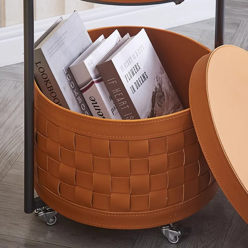 Contemporary Luxury Round Lantern Carbon Steel Saddle-Style Faux Leather Movable End Table 2-Tier For Living Room