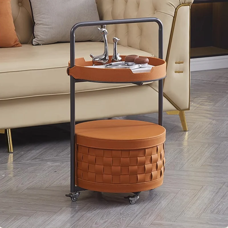 Contemporary Luxury Round Lantern Carbon Steel Saddle-Style Faux Leather Movable End Table 2-Tier For Living Room