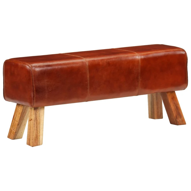 Banc assise surface lisse 110 cm cuir véritable marron et pieds en bois de manguier brun DEC025007