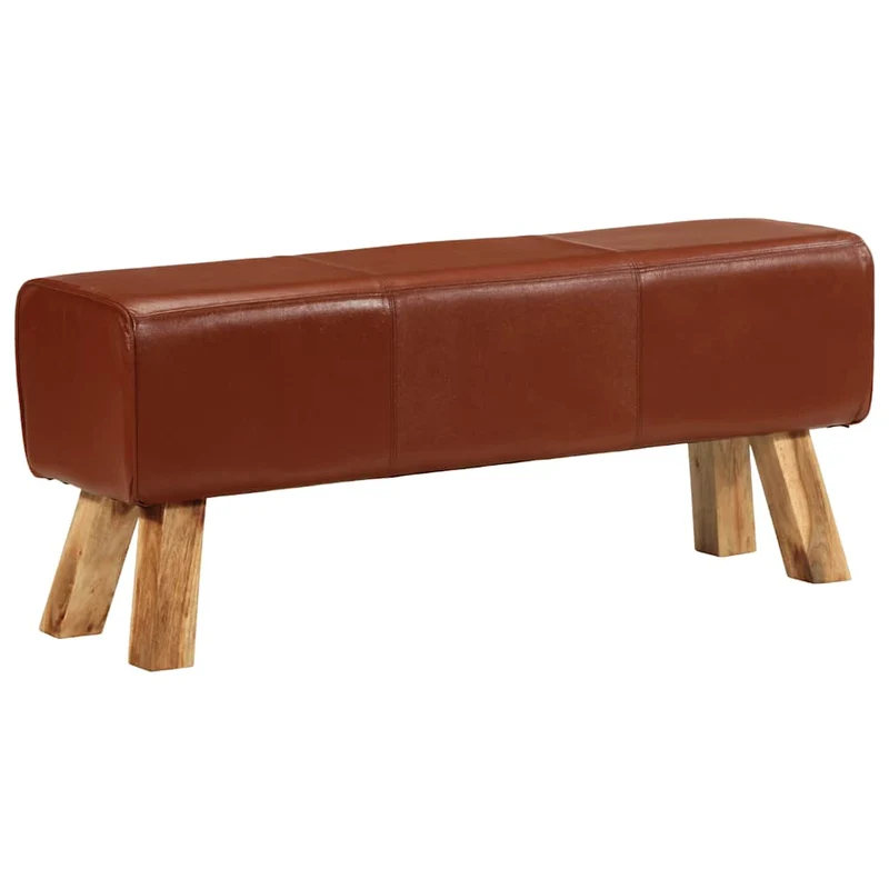 Banc assise surface lisse 110 cm cuir véritable marron et pieds en bois de manguier brun DEC025007