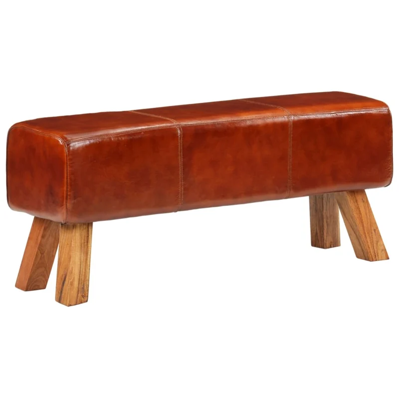 Banc assise surface lisse 110 cm cuir véritable marron et pieds en bois de manguier brun DEC025007