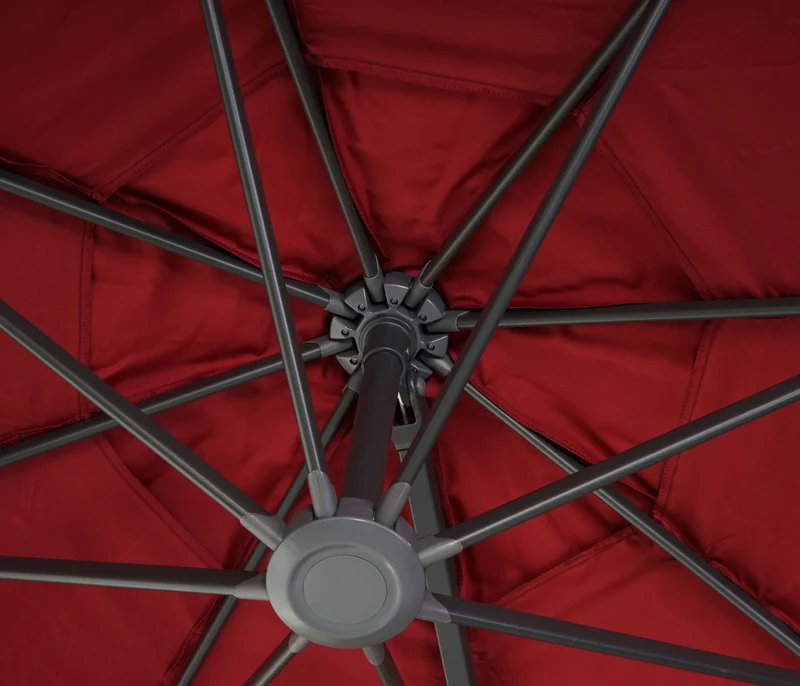 Parasol déporté rond Ø 400 cm hauteur 255 cm inclinable 5 positions rotatif 360 avec manivelle aluminium et polyester couleur bordeaux 04_0011241