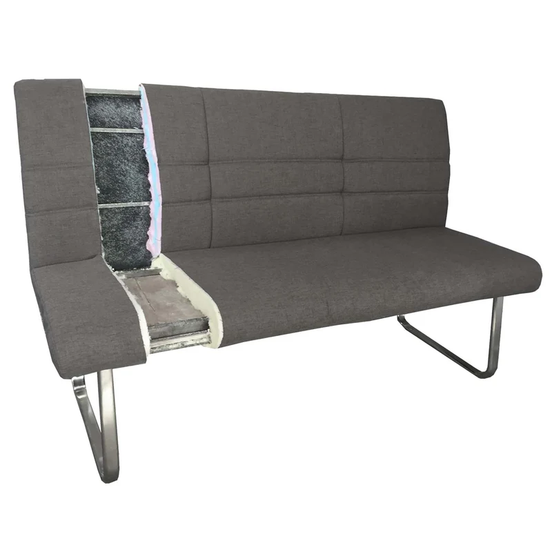 Banc de salle à manger 160 cm 3 places dossier rembourré tissu gris brun structure inox brossé 04_0010955