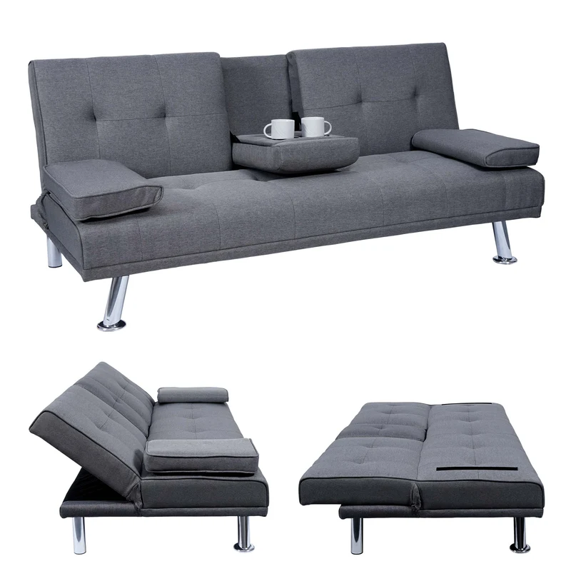Canapé 3 places convertible 166 cm avec couchage dossier réglable porte gobelets tissu gris foncé structure métal 04_0010966
