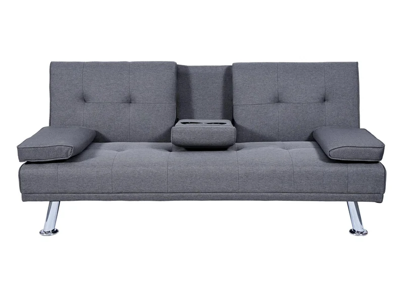 Canapé 3 places convertible 166 cm avec couchage dossier réglable porte gobelets tissu gris foncé structure métal 04_0010966