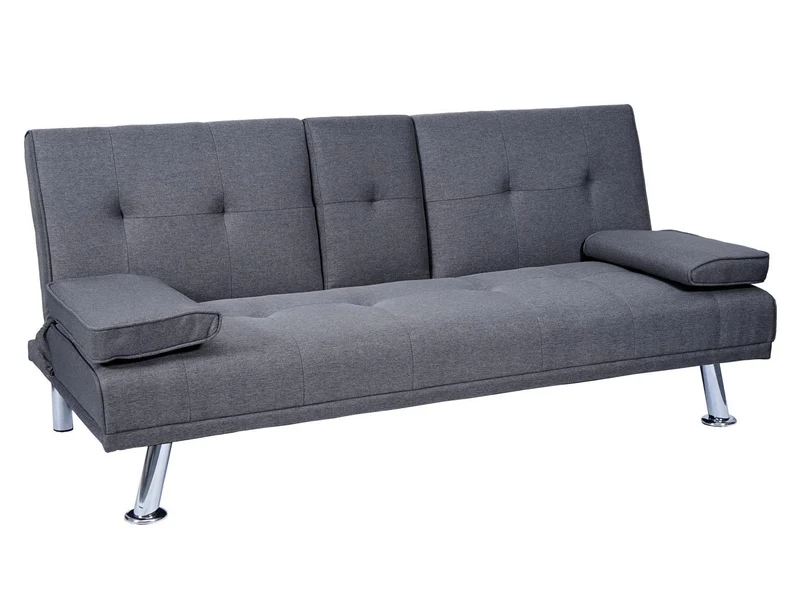 Canapé 3 places convertible 166 cm avec couchage dossier réglable porte gobelets tissu gris foncé structure métal 04_0010966